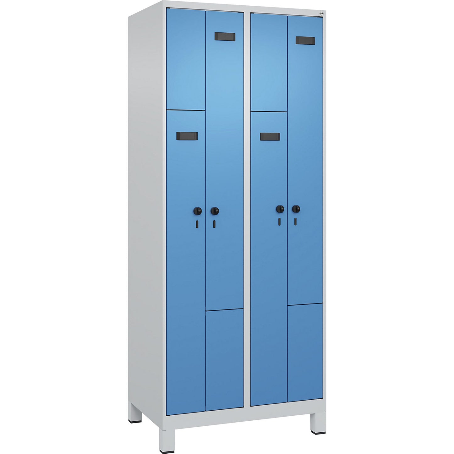 Evolo PLUS Z-locker, 2 compartments, light grey / light blue, W 800 mm, 4 compartments, with wide feet, security rotary bolt.