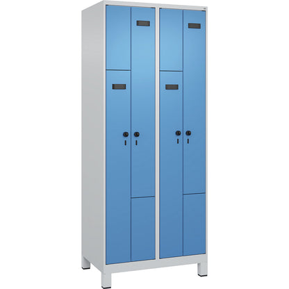 Evolo PLUS Z-locker, 2 compartments, light grey / light blue, W 800 mm, 4 compartments, with wide feet, security rotary bolt.