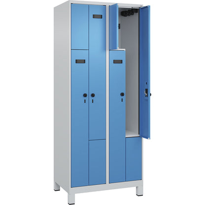 Evolo PLUS Z-locker, 2 compartments, light grey / light blue, W 800 mm, 4 compartments, with wide feet, security rotary bolt.