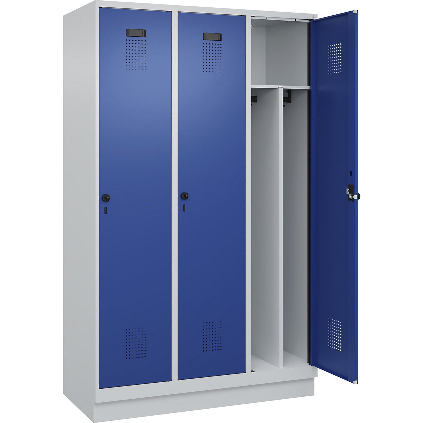 Evolo PLUS clean and dirty clothes locker, narrow, 3 compartments, shortened centre divider, light grey / gentian blue, W 1200 mm, with base plinth, security rotary bolt.