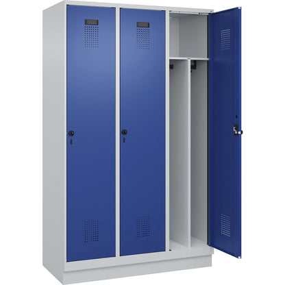 Evolo PLUS clean and dirty clothes locker, narrow, 3 compartments, shortened centre divider, light grey / gentian blue, W 1200 mm, with base plinth, security rotary bolt.