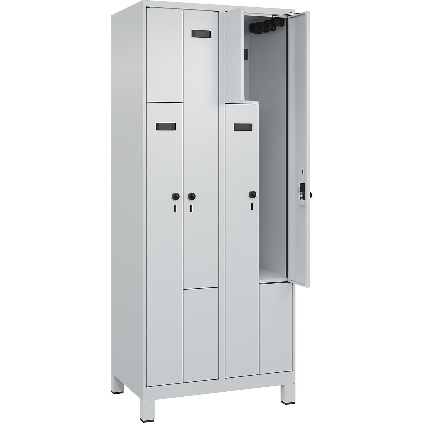 Evolo PLUS Z-locker, 2 compartments, light grey, W 800 mm, 4 compartments, with wide feet, security rotary bolt.