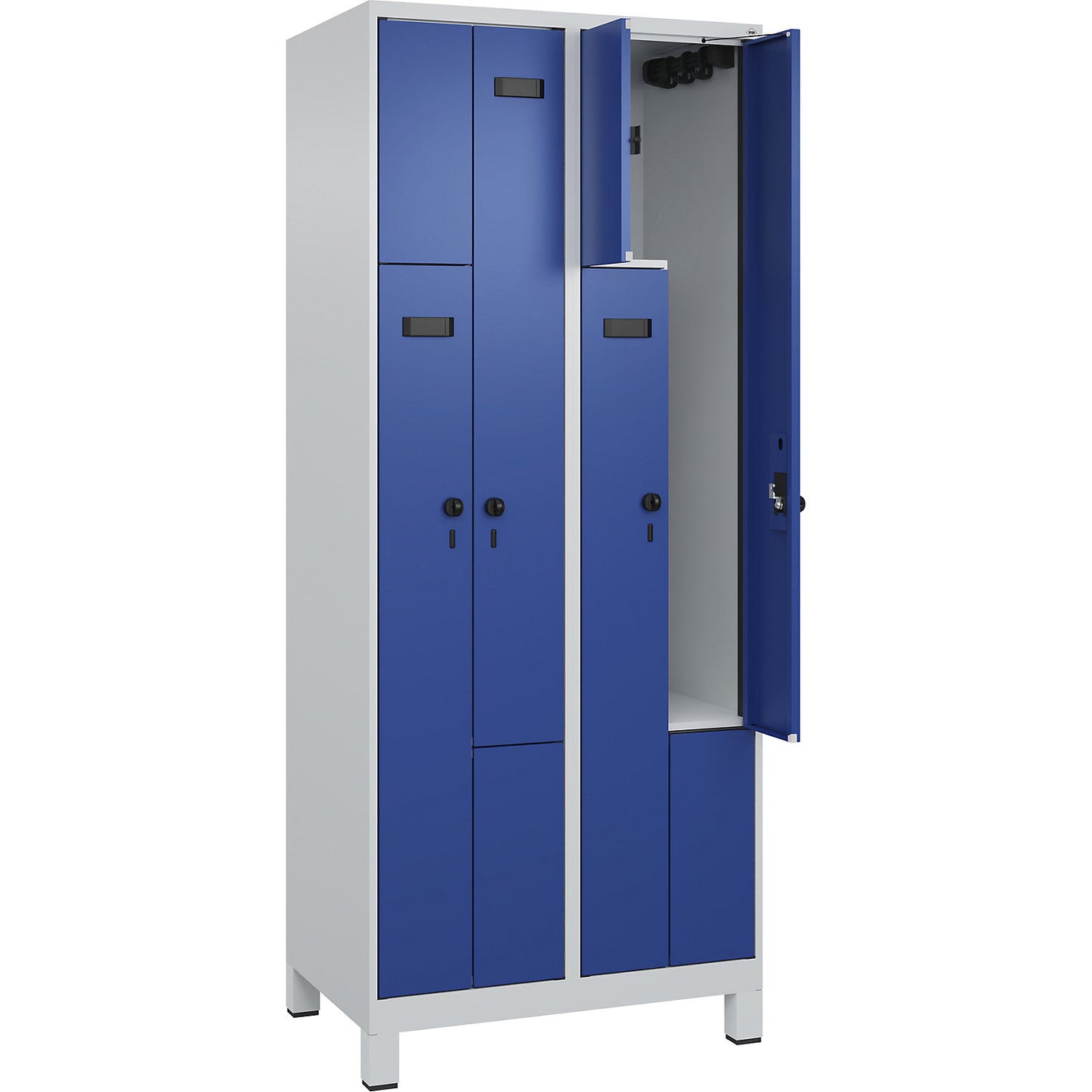 Evolo PLUS Z-locker, 2 compartments, light grey / gentian blue, W 800 mm, 4 compartments, with wide feet, security rotary bolt.