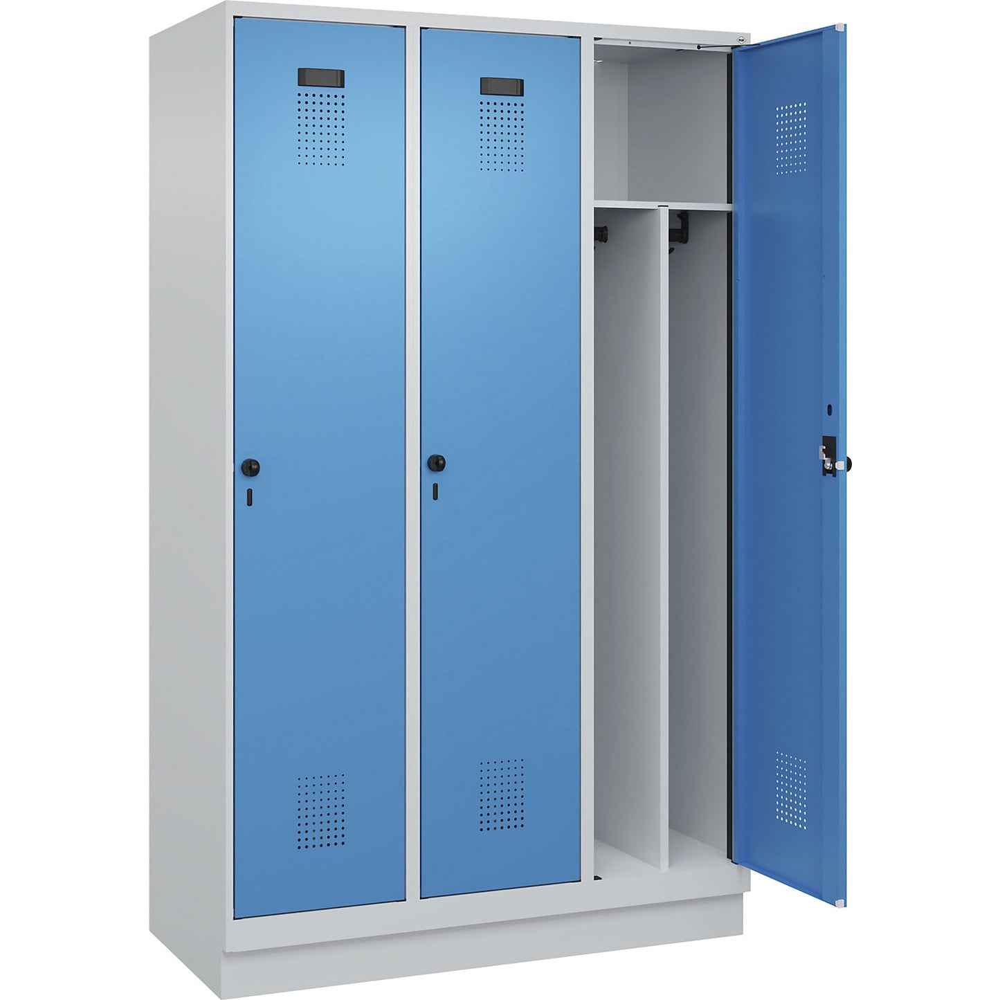 Evolo PLUS clean and dirty clothes locker, narrow, 3 compartments, shortened centre divider, light grey / light blue, W 1200 mm, with base plinth, security rotary bolt.
