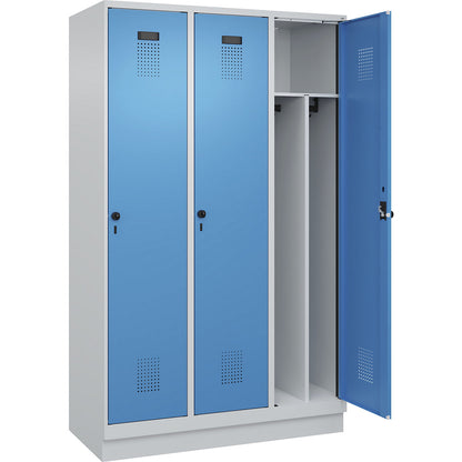 Evolo PLUS clean and dirty clothes locker, narrow, 3 compartments, shortened centre divider, light grey / light blue, W 1200 mm, with base plinth, security rotary bolt.