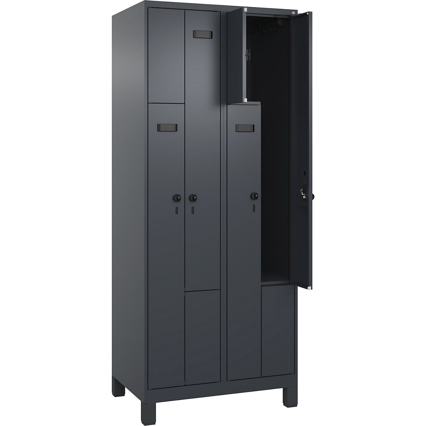 Evolo PLUS Z-locker, 2 compartments, grey, W 800 mm, 4 compartments, with wide feet, security rotary bolt.