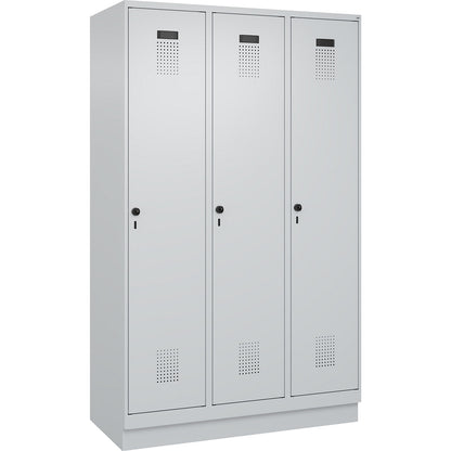Evolo PLUS clean and dirty clothes locker, narrow, 3 compartments, shortened centre divider, light grey, W 1200 mm, with base plinth, security rotary bolt.