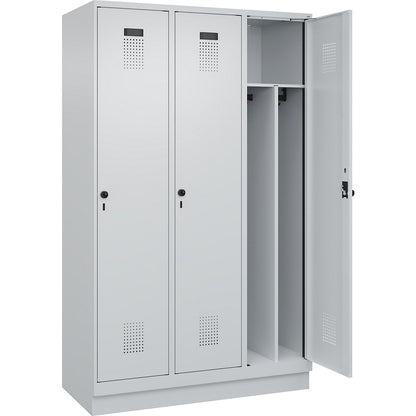 Evolo PLUS clean and dirty clothes locker, narrow, 3 compartments, shortened centre divider, light grey, W 1200 mm, with base plinth, security rotary bolt.