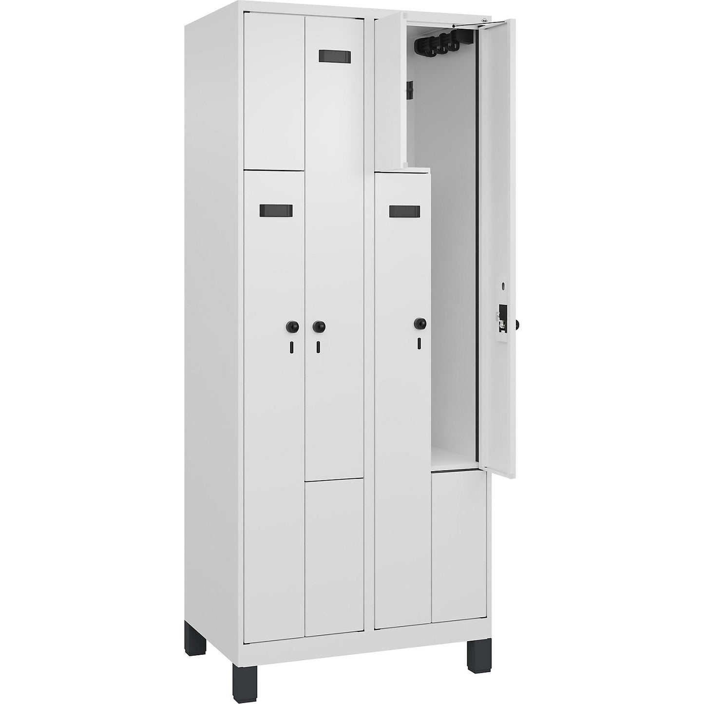 Evolo PLUS Z-locker, 2 compartments, white, W 800 mm, 4 compartments, with wide feet, security rotary bolt.