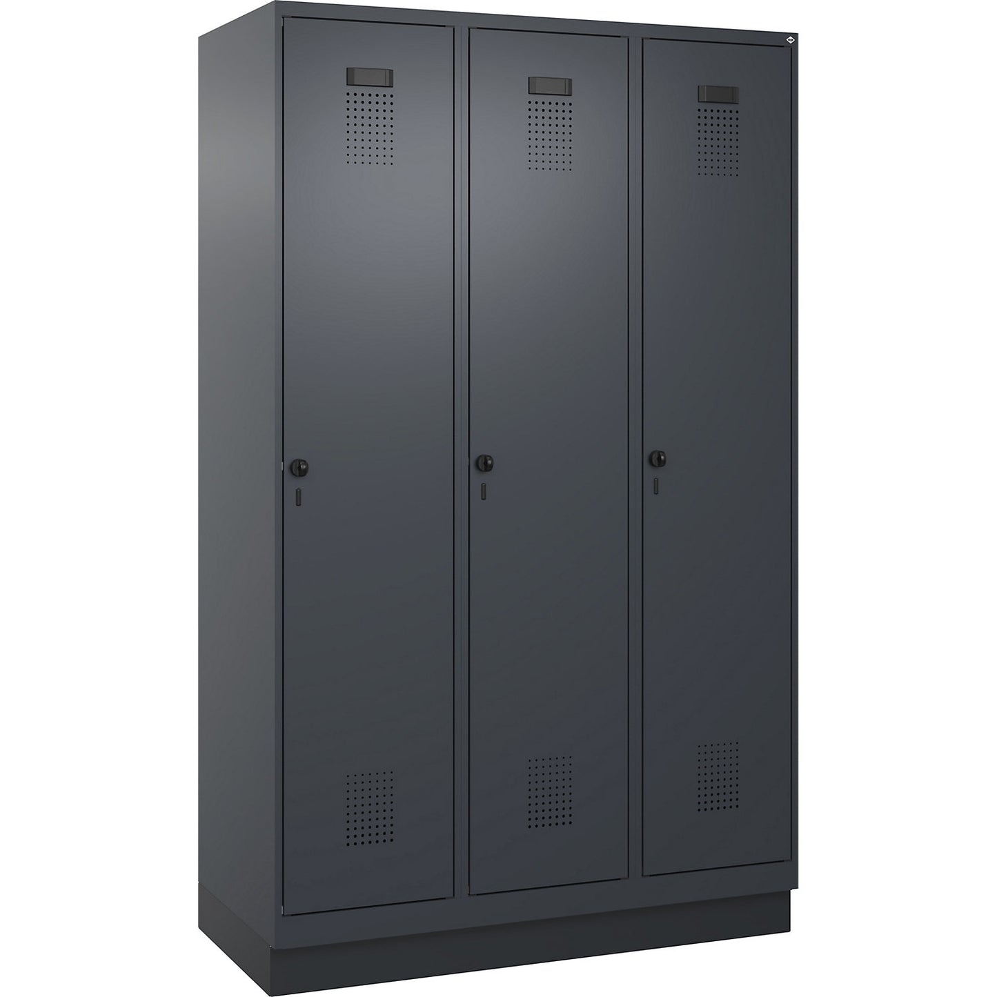 Evolo PLUS clean and dirty clothes locker, narrow, 3 compartments, shortened centre divider, grey, W 1200 mm, with base plinth, security rotary bolt.
