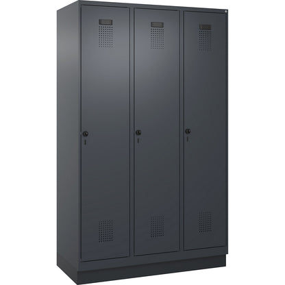 Evolo PLUS clean and dirty clothes locker, narrow, 3 compartments, shortened centre divider, grey, W 1200 mm, with base plinth, security rotary bolt.