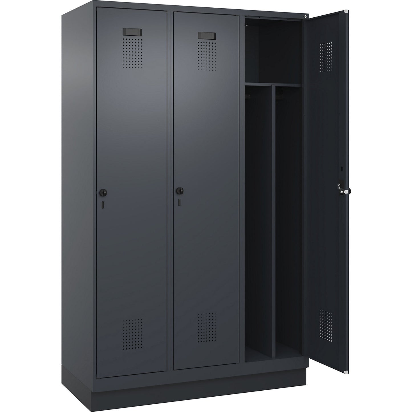 Evolo PLUS clean and dirty clothes locker, narrow, 3 compartments, shortened centre divider, grey, W 1200 mm, with base plinth, security rotary bolt.