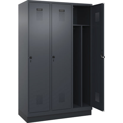 Evolo PLUS clean and dirty clothes locker, narrow, 3 compartments, shortened centre divider, grey, W 1200 mm, with base plinth, security rotary bolt.