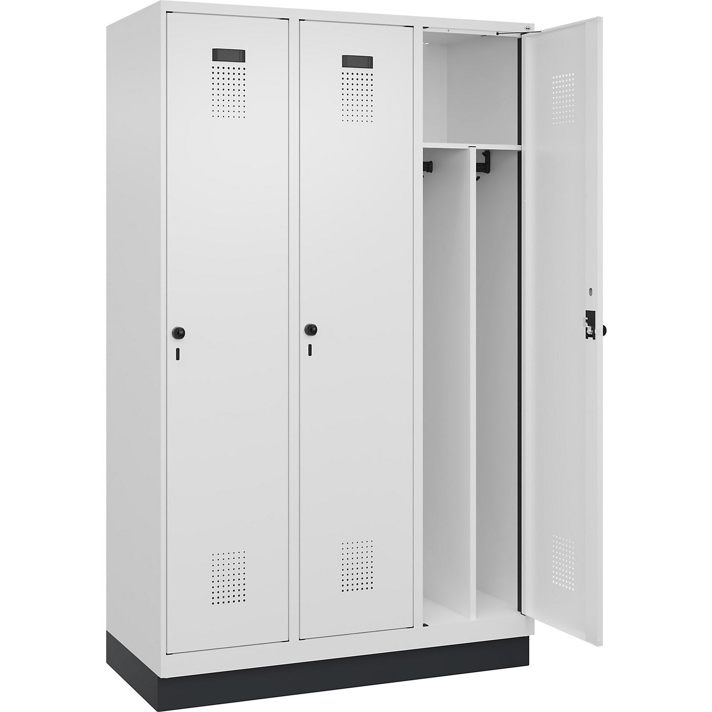 Evolo PLUS clean and dirty clothes locker, narrow, 3 compartments, shortened centre divider, white, W 1200 mm, with base plinth, security rotary bolt.
