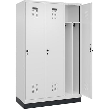 Evolo PLUS clean and dirty clothes locker, narrow, 3 compartments, shortened centre divider, white, W 1200 mm, with base plinth, security rotary bolt.