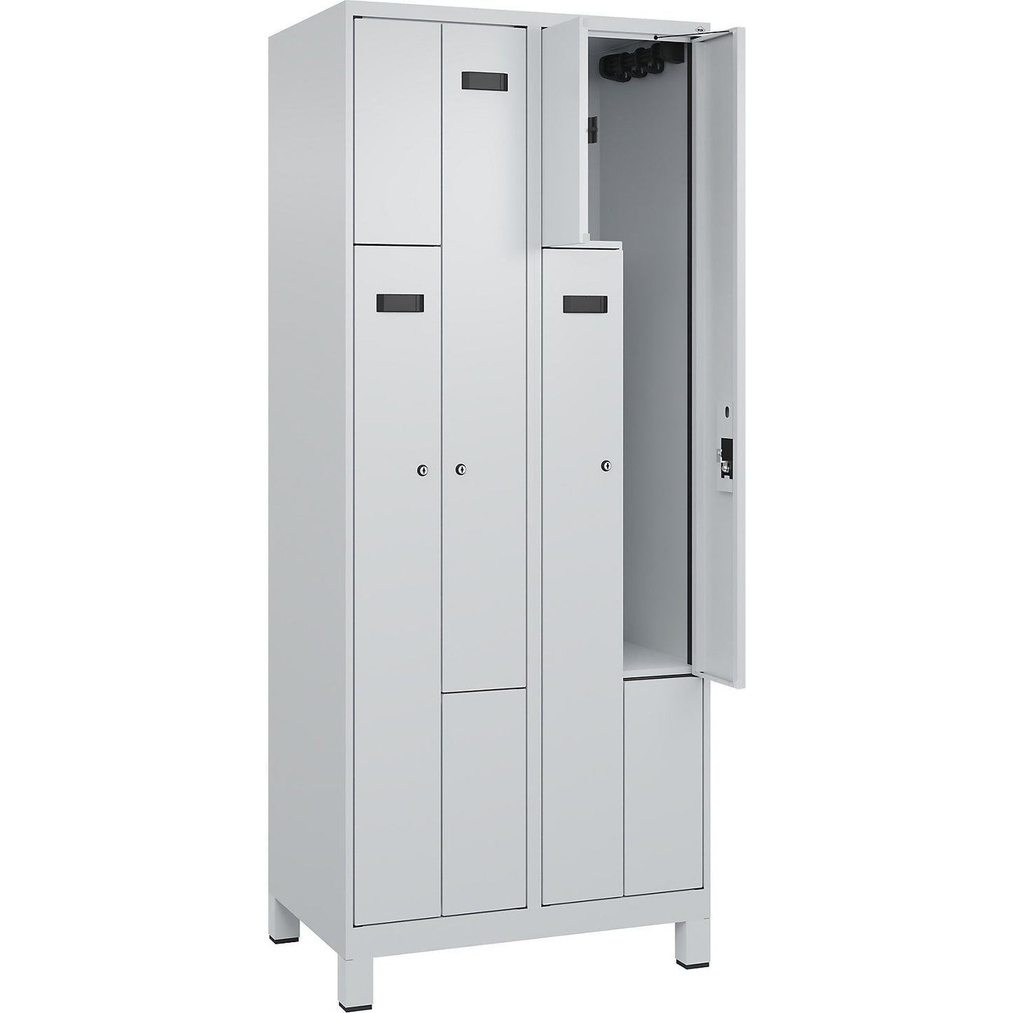 Evolo PLUS Z-locker, 2 compartments, light grey, W 800 mm, 4 compartments, with wide feet, cylinder lock.