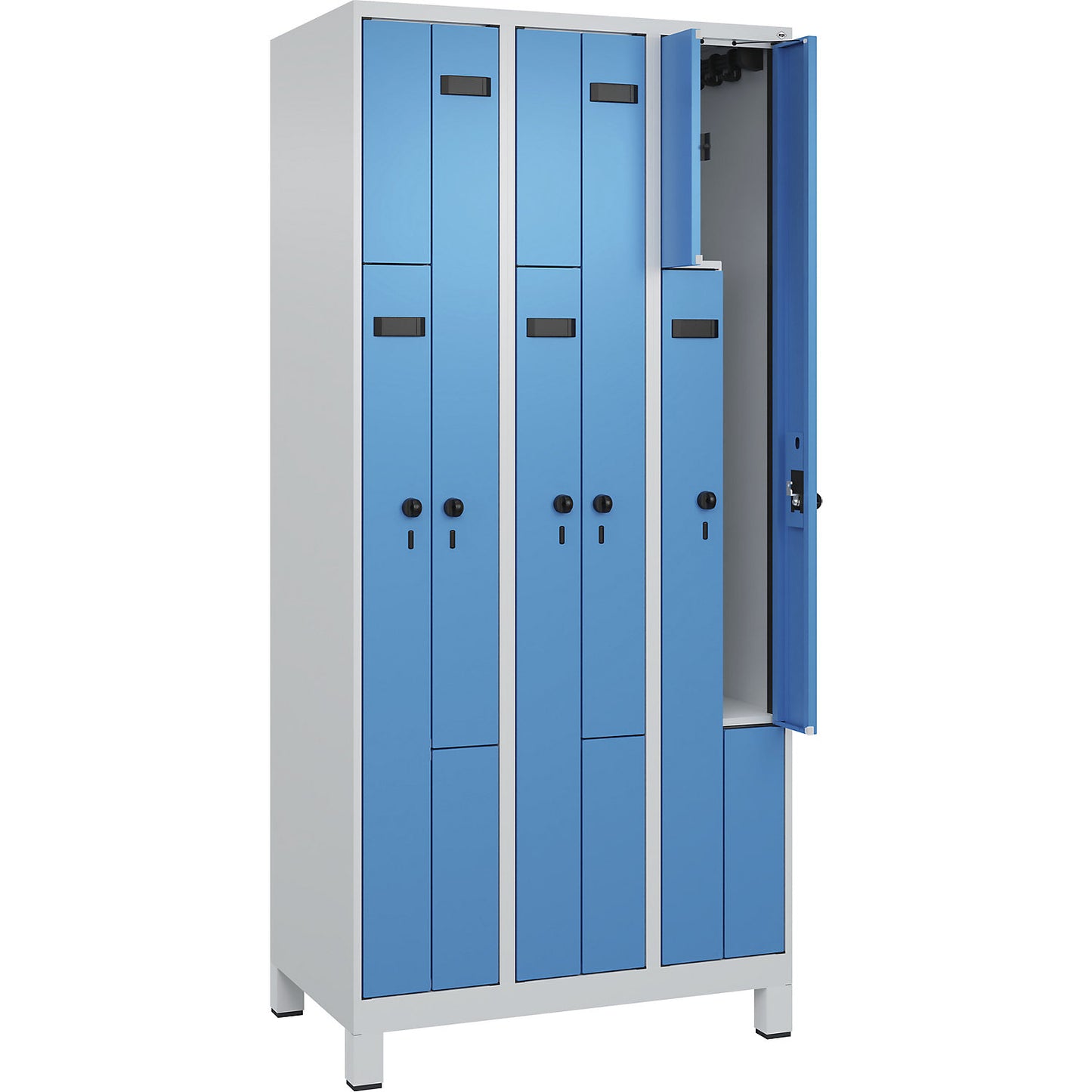 Evolo PLUS Z-locker, 3 compartments, light grey / light blue, W 900 mm, 6 compartments, with wide feet, security rotary bolt.