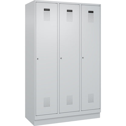 Evolo PLUS clean and dirty clothes locker, narrow, 3 compartments, shortened centre divider, light grey, W 1200 mm, with base plinth, cylinder lock.