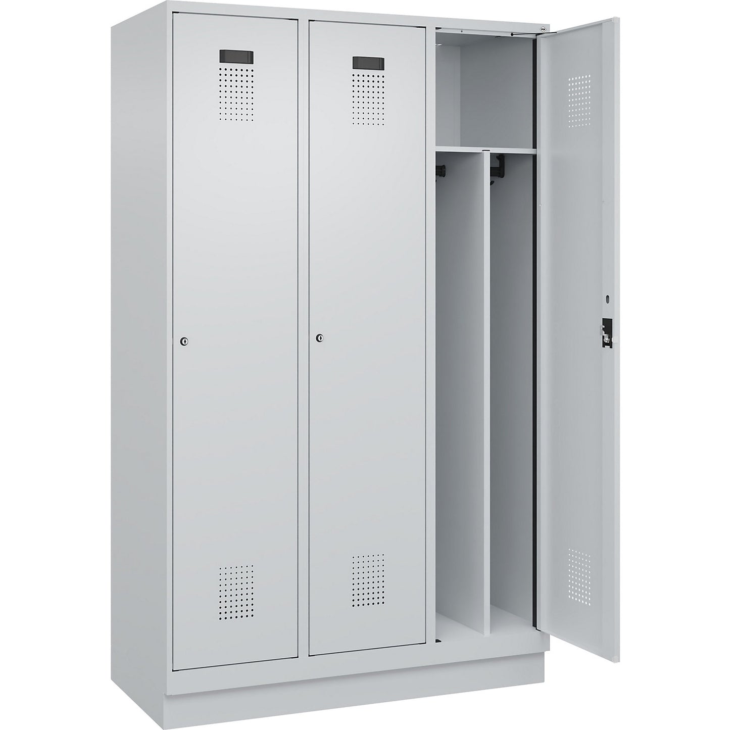 Evolo PLUS clean and dirty clothes locker, narrow, 3 compartments, shortened centre divider, light grey, W 1200 mm, with base plinth, cylinder lock.