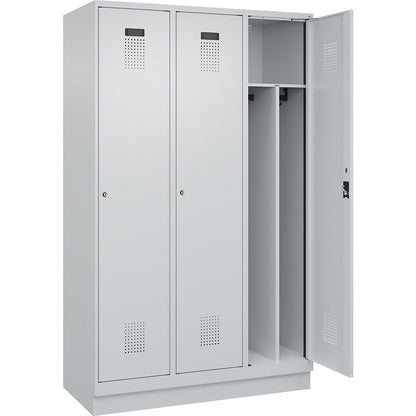 Evolo PLUS clean and dirty clothes locker, narrow, 3 compartments, shortened centre divider, light grey, W 1200 mm, with base plinth, cylinder lock.