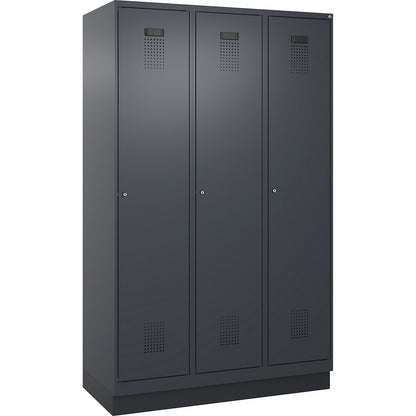 Evolo PLUS clean and dirty clothes locker, narrow, 3 compartments, shortened centre divider, grey, W 1200 mm, with base plinth, cylinder lock.