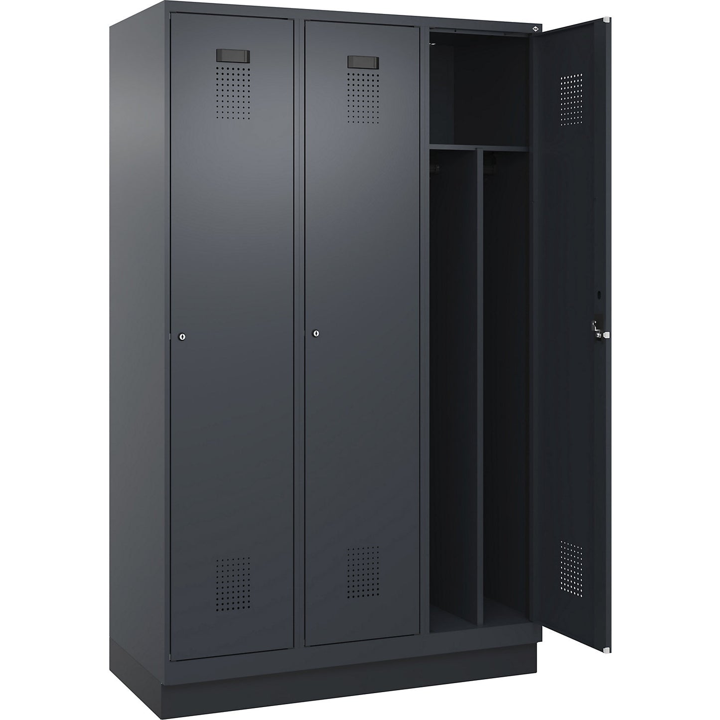 Evolo PLUS clean and dirty clothes locker, narrow, 3 compartments, shortened centre divider, grey, W 1200 mm, with base plinth, cylinder lock.