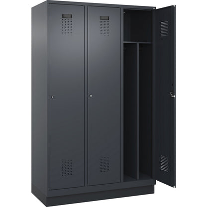 Evolo PLUS clean and dirty clothes locker, narrow, 3 compartments, shortened centre divider, grey, W 1200 mm, with base plinth, cylinder lock.