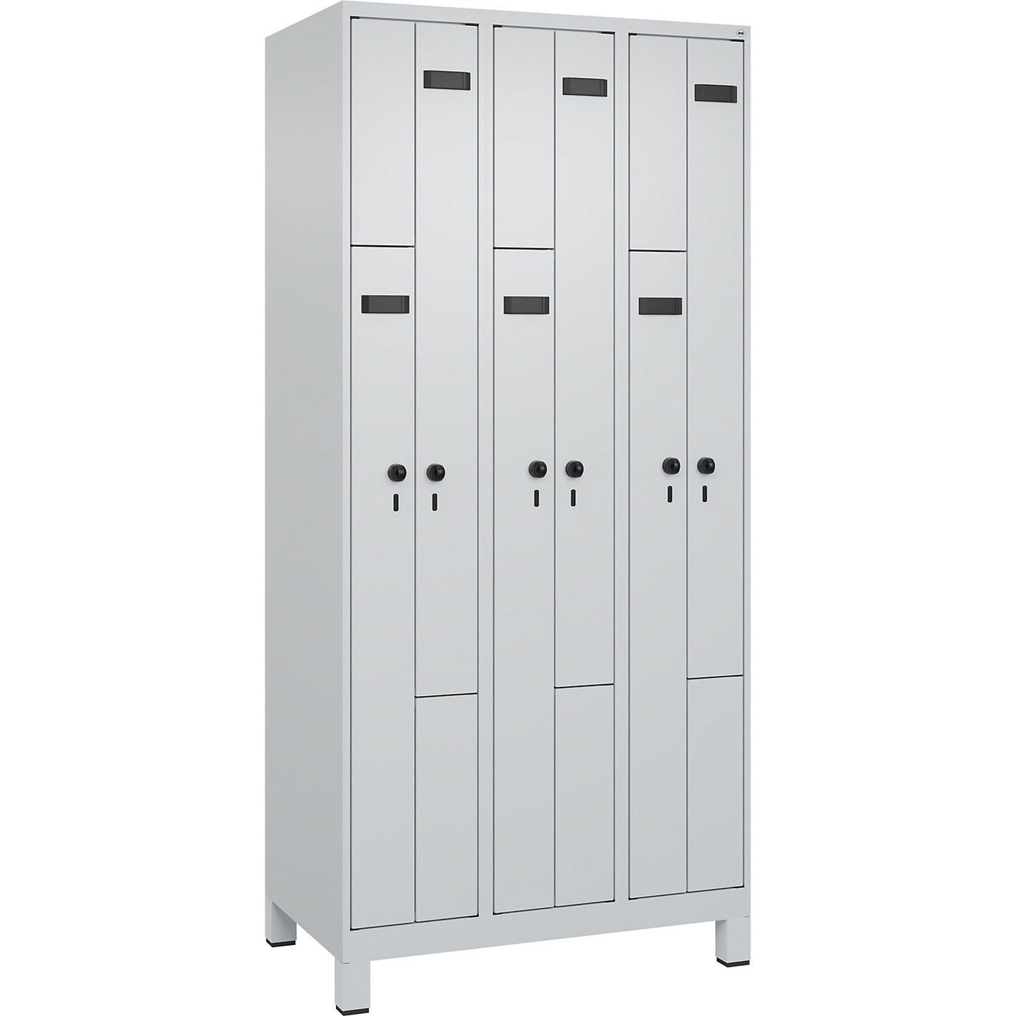Evolo PLUS Z-locker, 3 compartments, light grey, W 900 mm, 6 compartments, with wide feet, security rotary bolt.