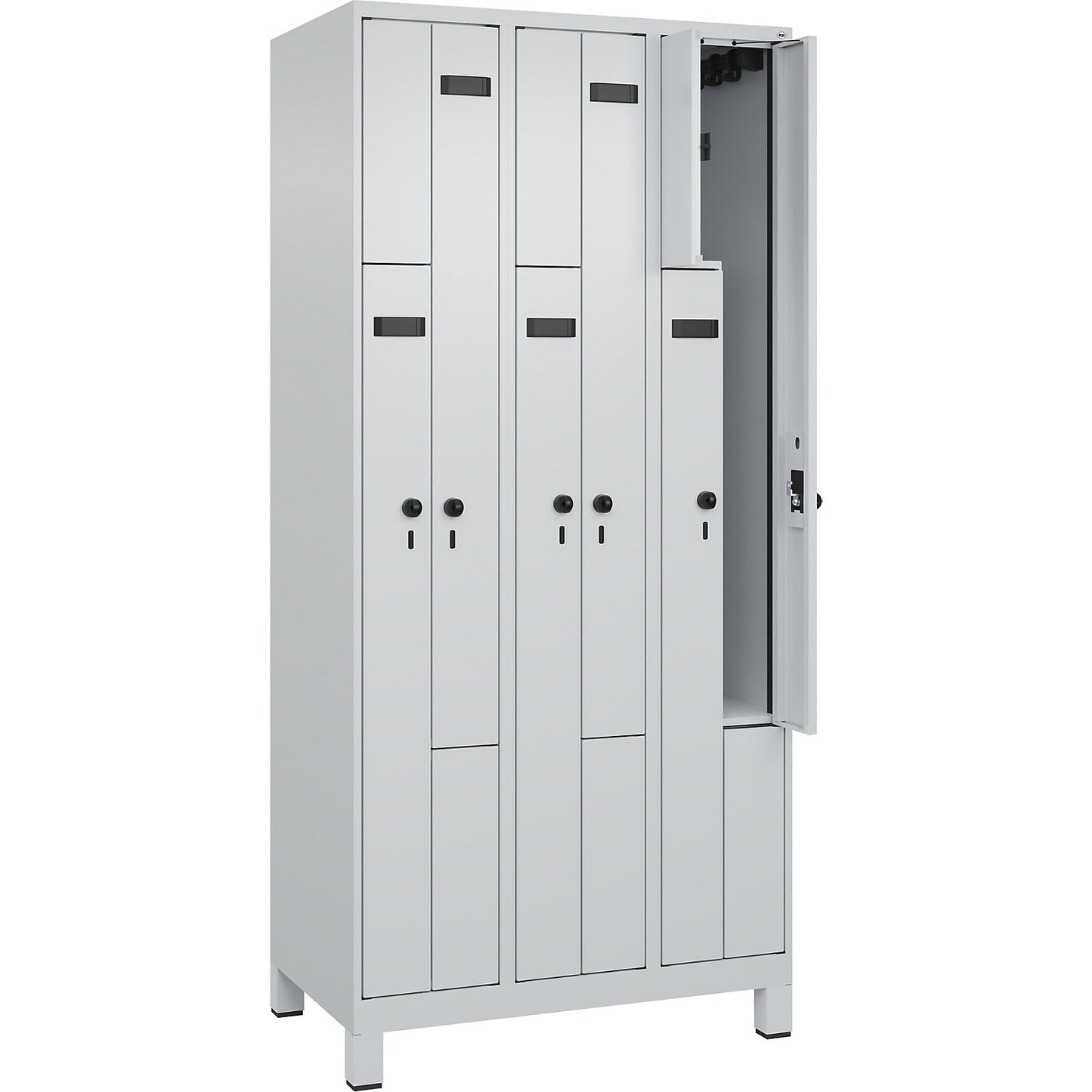 Evolo PLUS Z-locker, 3 compartments, light grey, W 900 mm, 6 compartments, with wide feet, security rotary bolt.