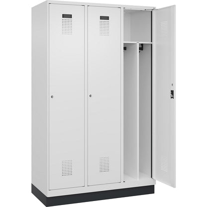 Evolo PLUS clean and dirty clothes locker, narrow, 3 compartments, shortened centre divider, white, W 1200 mm, with base plinth, cylinder lock.