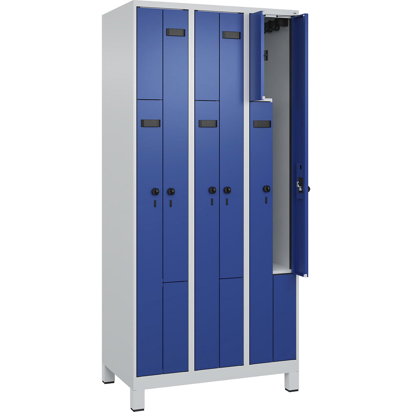 Evolo PLUS Z-locker, 3 compartments, light grey / gentian blue, W 900 mm, 6 compartments, with wide feet, security rotary bolt.