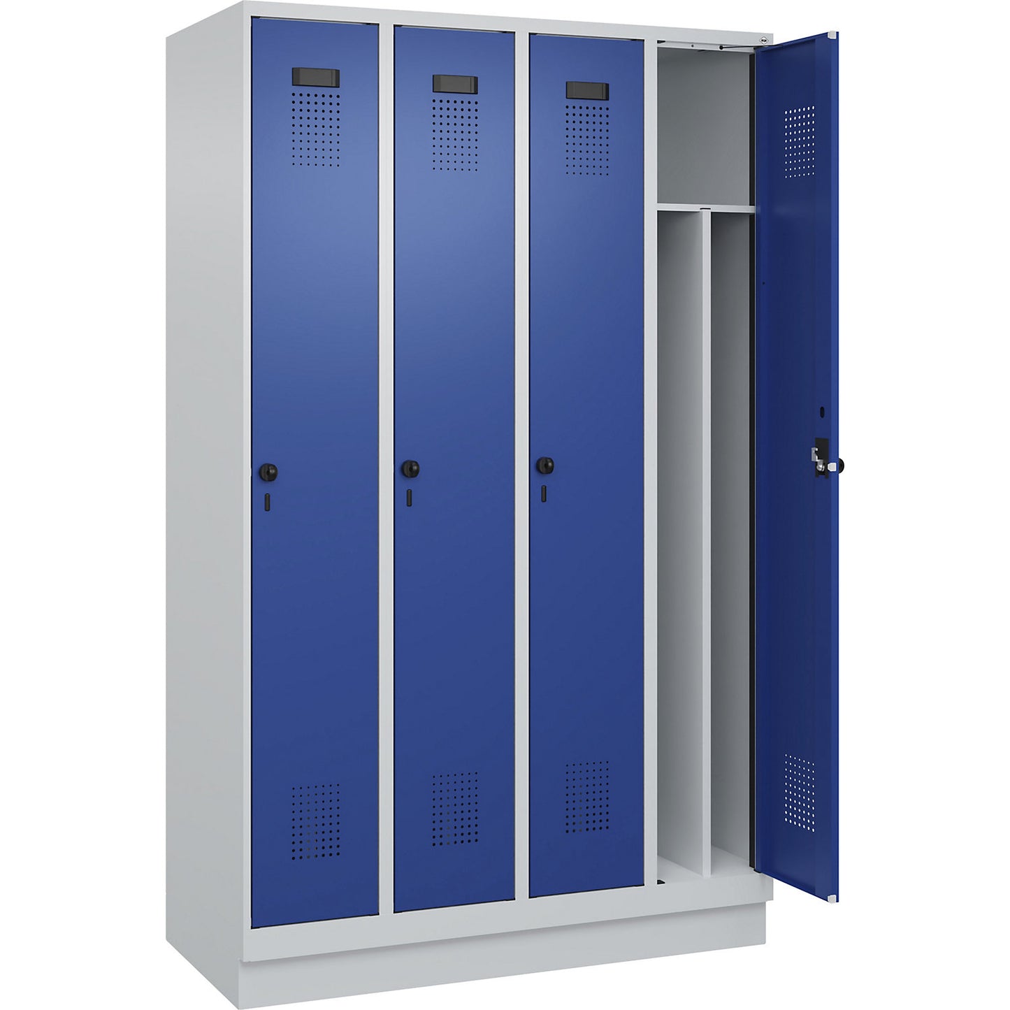 Evolo PLUS clean and dirty clothes locker, narrow, 4 compartments, shortened centre divider, light grey / gentian blue, W 1200 mm, with base plinth, security rotary bolt.