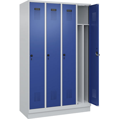 Evolo PLUS clean and dirty clothes locker, narrow, 4 compartments, shortened centre divider, light grey / gentian blue, W 1200 mm, with base plinth, security rotary bolt.