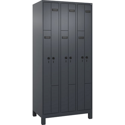 Evolo PLUS Z-locker, 3 compartments, grey, W 900 mm, 6 compartments, with wide feet, security rotary bolt.