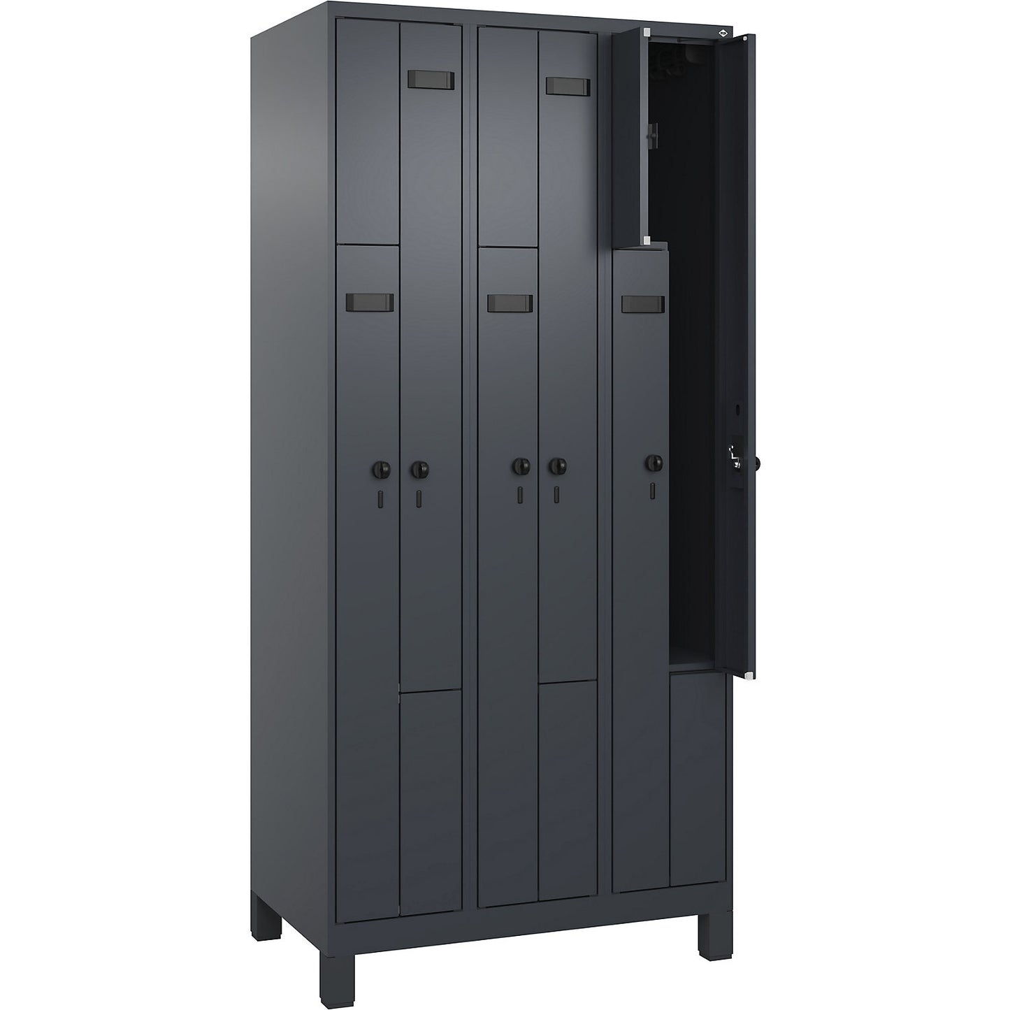 Evolo PLUS Z-locker, 3 compartments, grey, W 900 mm, 6 compartments, with wide feet, security rotary bolt.