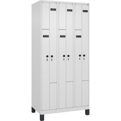 Evolo PLUS Z-locker, 3 compartments, white, W 900 mm, 6 compartments, with wide feet, security rotary bolt.