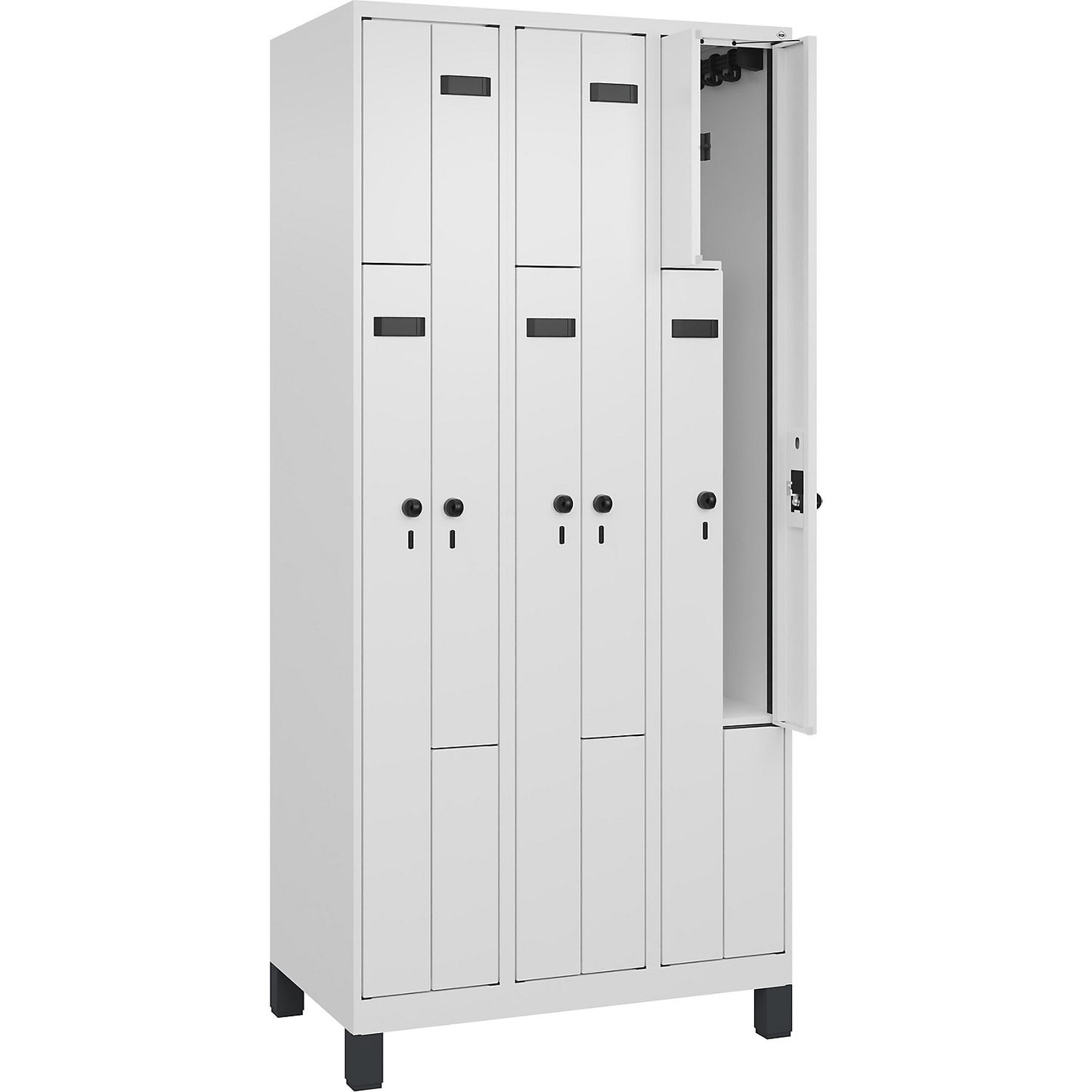 Evolo PLUS Z-locker, 3 compartments, white, W 900 mm, 6 compartments, with wide feet, security rotary bolt.