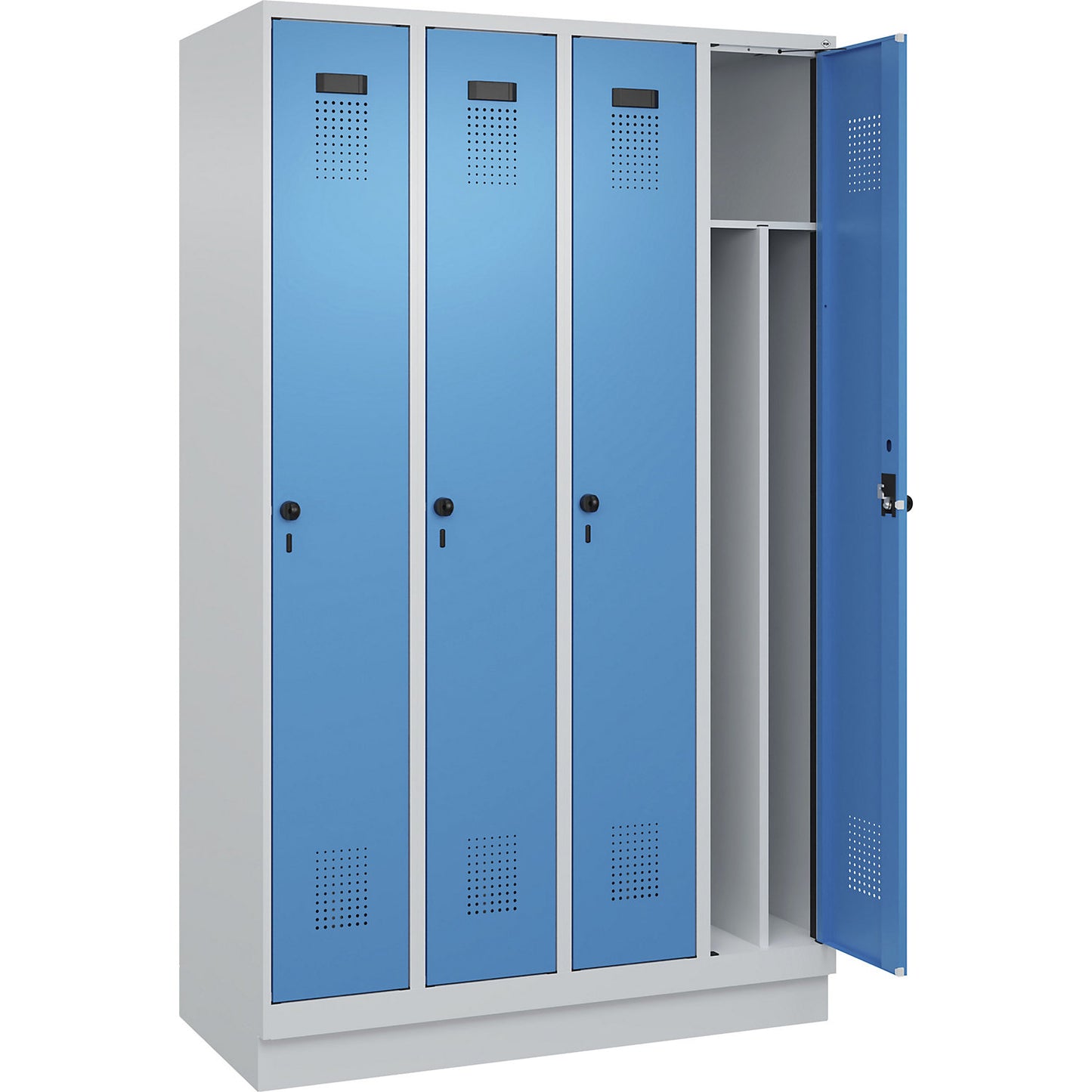 Evolo PLUS clean and dirty clothes locker, narrow, 4 compartments, shortened centre divider, light grey / light blue, W 1200 mm, with base plinth, security rotary bolt.