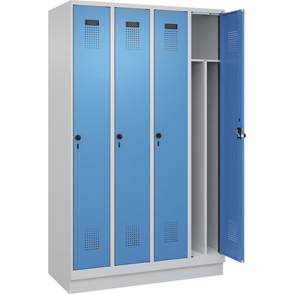 Evolo PLUS clean and dirty clothes locker, narrow, 4 compartments, shortened centre divider, light grey / light blue, W 1200 mm, with base plinth, security rotary bolt.