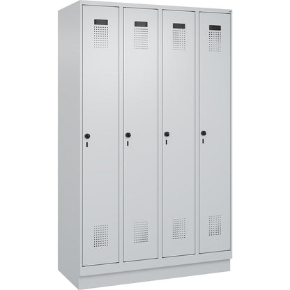 Evolo PLUS clean and dirty clothes locker, narrow, 4 compartments, shortened centre divider, light grey, W 1200 mm, with base plinth, security rotary bolt.