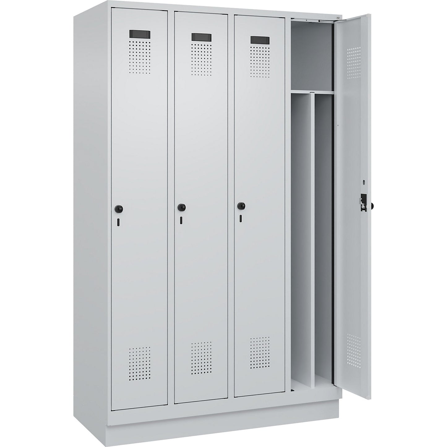 Evolo PLUS clean and dirty clothes locker, narrow, 4 compartments, shortened centre divider, light grey, W 1200 mm, with base plinth, security rotary bolt.