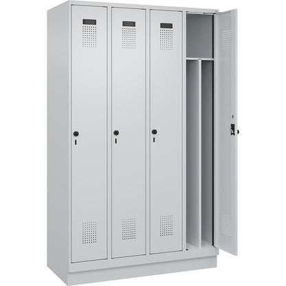 Evolo PLUS clean and dirty clothes locker, narrow, 4 compartments, shortened centre divider, light grey, W 1200 mm, with base plinth, security rotary bolt.