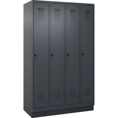 Evolo PLUS clean and dirty clothes locker, narrow, 4 compartments, shortened centre divider, grey, W 1200 mm, with base plinth, security rotary bolt.