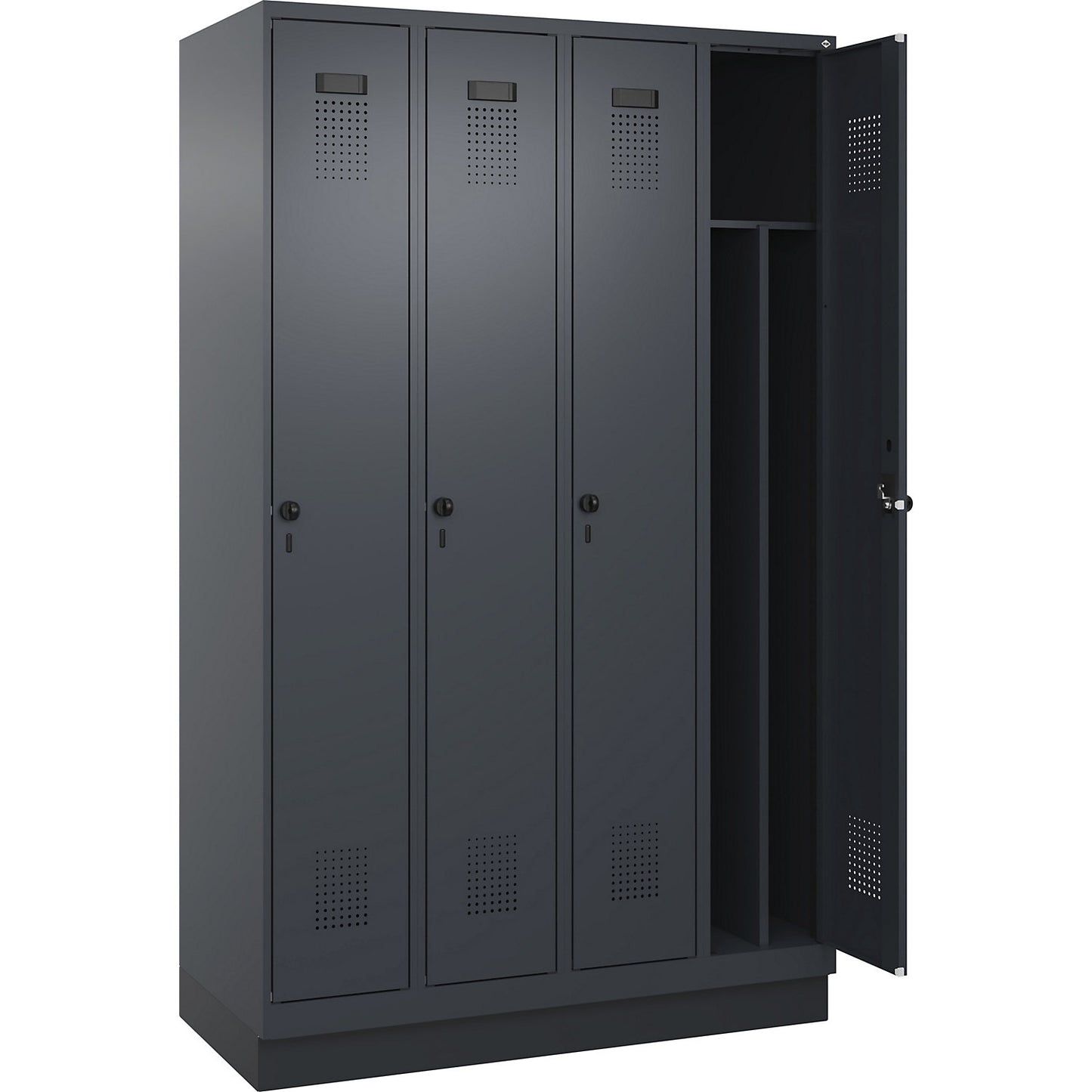 Evolo PLUS clean and dirty clothes locker, narrow, 4 compartments, shortened centre divider, grey, W 1200 mm, with base plinth, security rotary bolt.