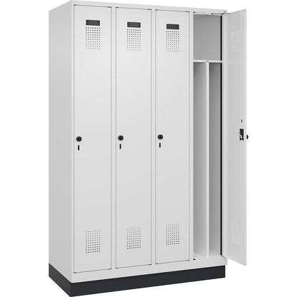 Evolo PLUS clean and dirty clothes locker, narrow, 4 compartments, shortened centre divider, white, W 1200 mm, with base plinth, security rotary bolt.