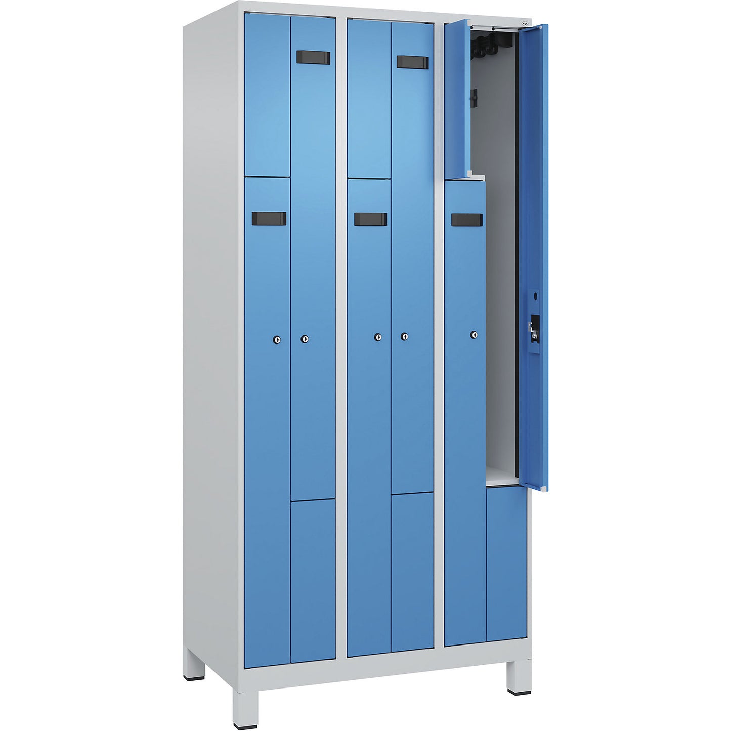 Evolo PLUS Z-locker, 3 compartments, light grey / light blue, W 900 mm, 6 compartments, with wide feet, cylinder lock.