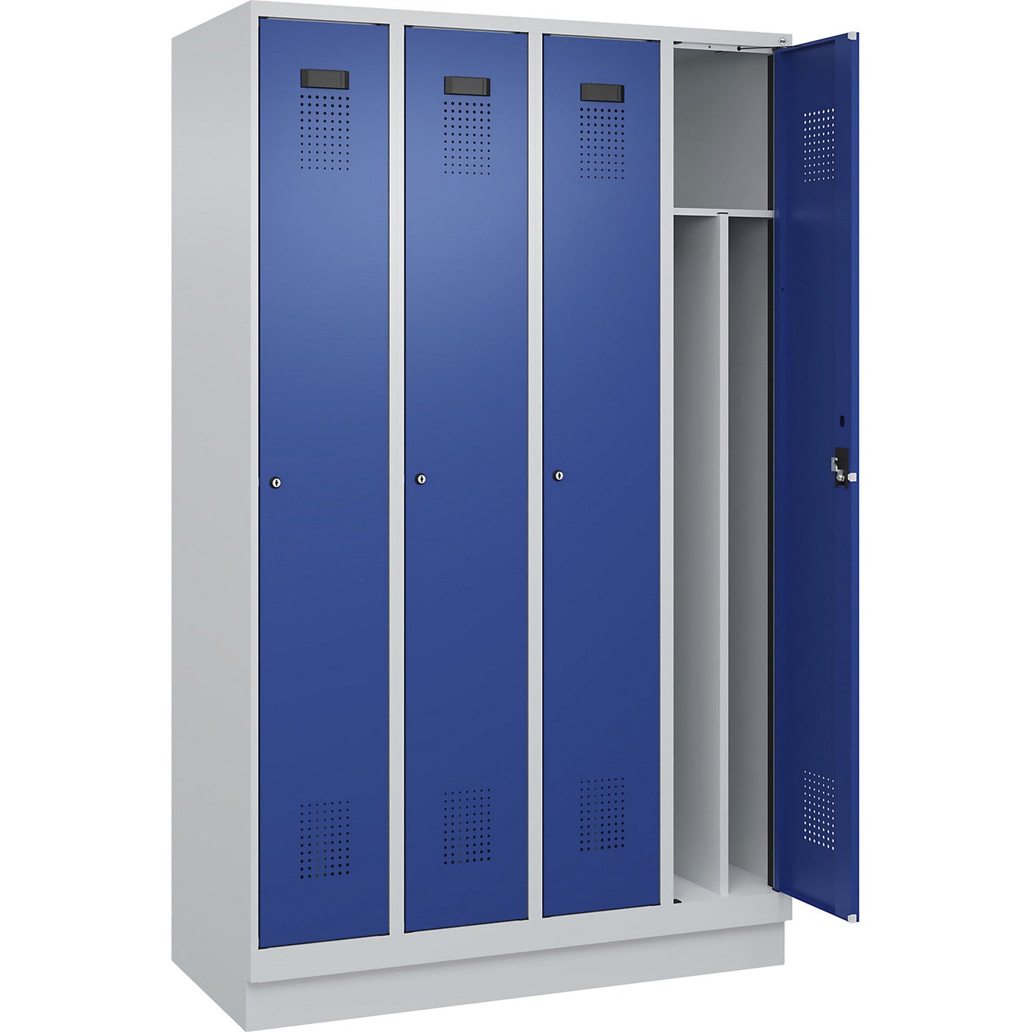 Evolo PLUS clean and dirty clothes locker, narrow, 4 compartments, shortened centre divider, light grey / gentian blue, W 1200 mm, with base plinth, cylinder lock.