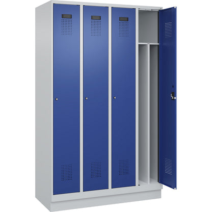 Evolo PLUS clean and dirty clothes locker, narrow, 4 compartments, shortened centre divider, light grey / gentian blue, W 1200 mm, with base plinth, cylinder lock.