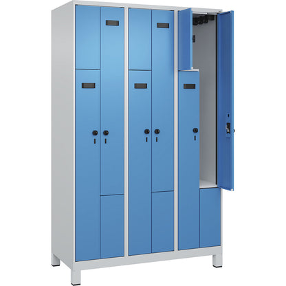 Evolo PLUS Z-locker, 3 compartments, light grey / light blue, W 1200 mm, 6 compartments, with wide feet, security rotary bolt.