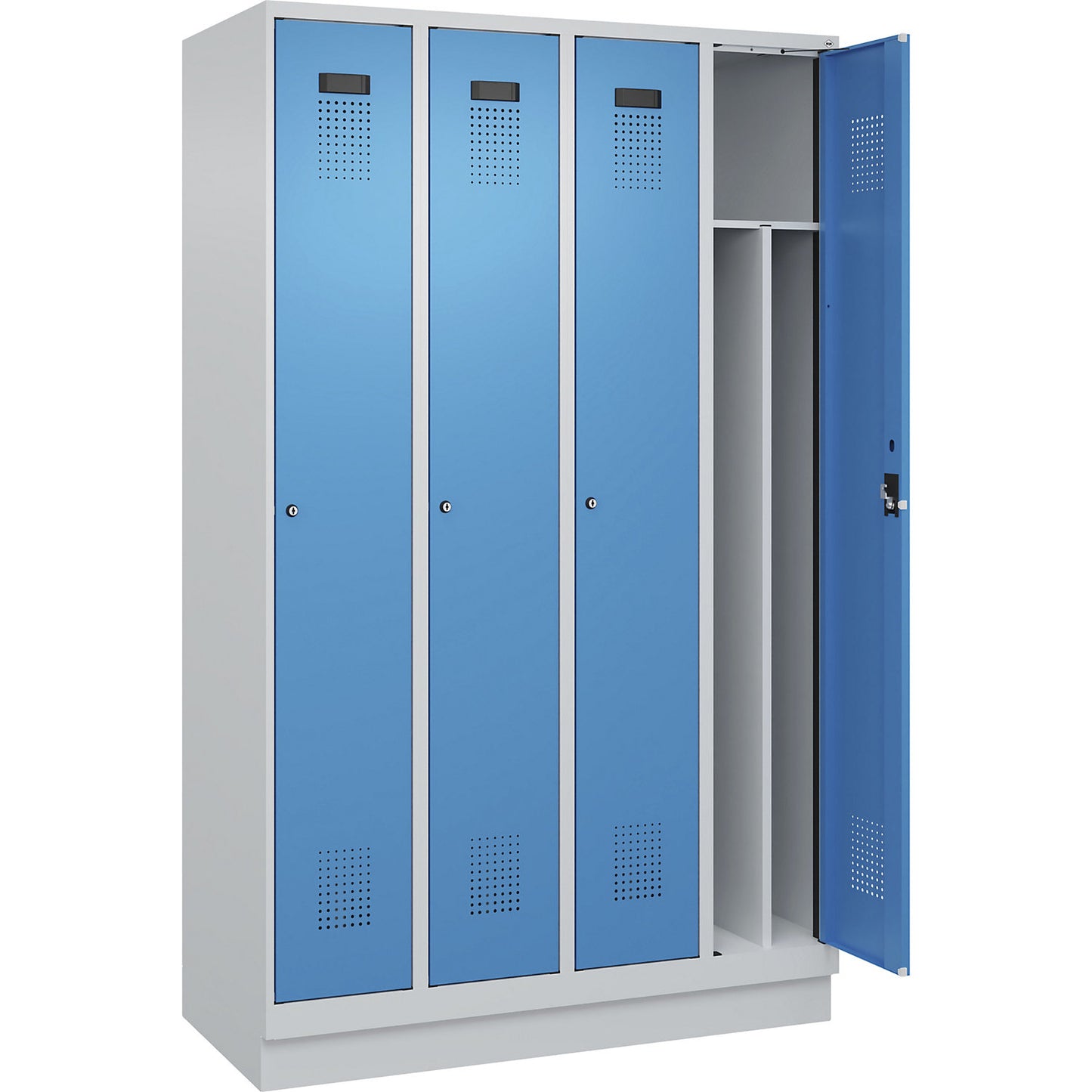 Evolo PLUS clean and dirty clothes locker, narrow, 4 compartments, shortened centre divider, light grey / light blue, W 1200 mm, with base plinth, cylinder lock.